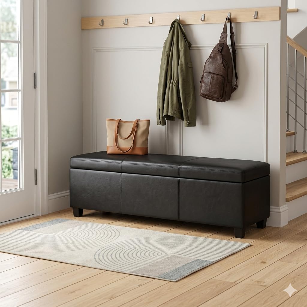 Cosmopolitan 34" Wide Vegan Leather Storage Ottoman in Blue