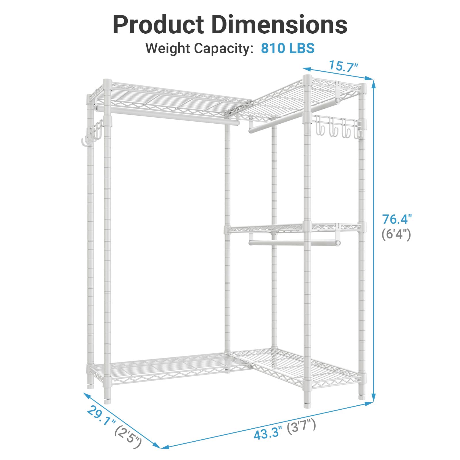 L4 Corner Clothes Rack Heavy Duty Closet for Hanging Clothes