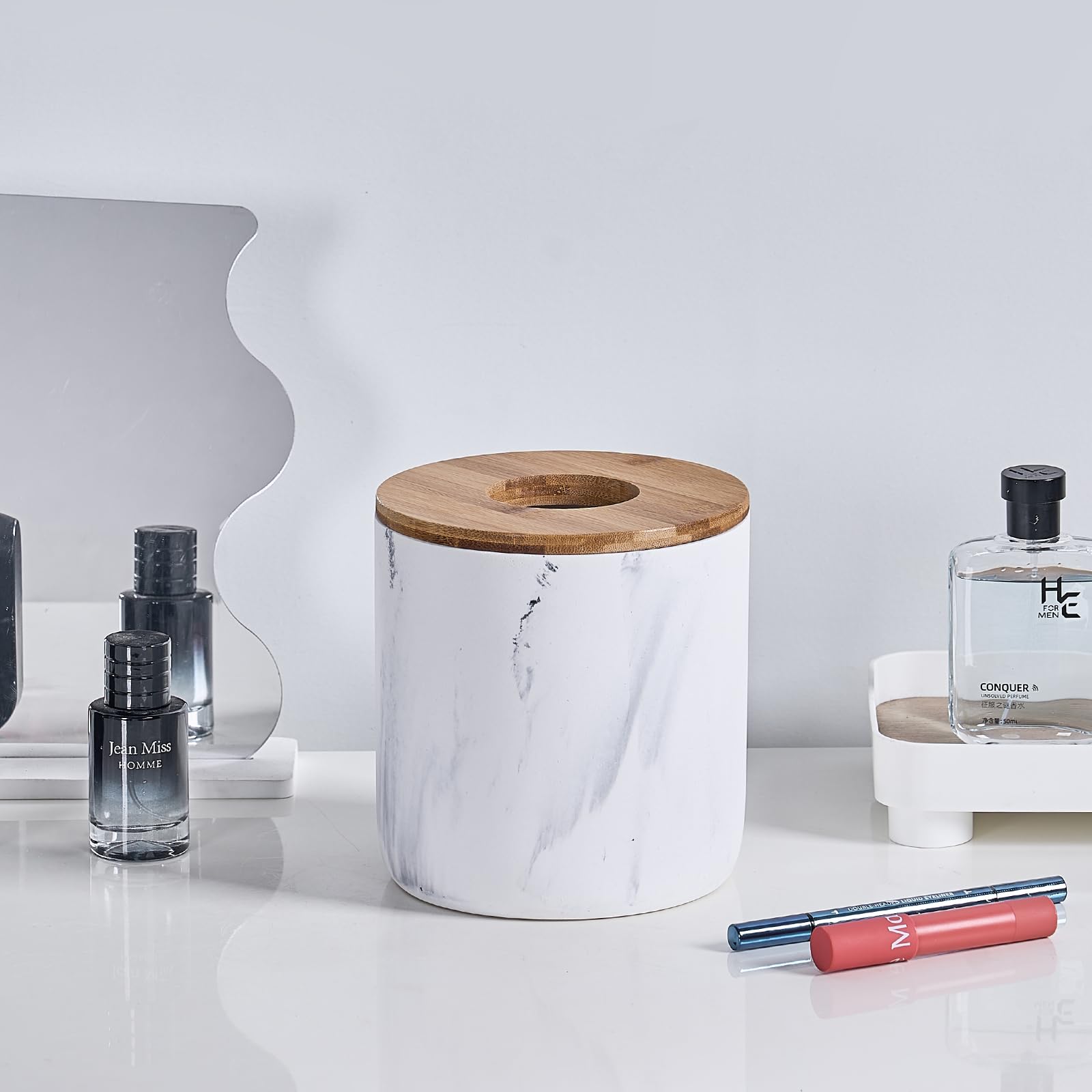 Marble White Mini Trash Can with Bamboo Lid