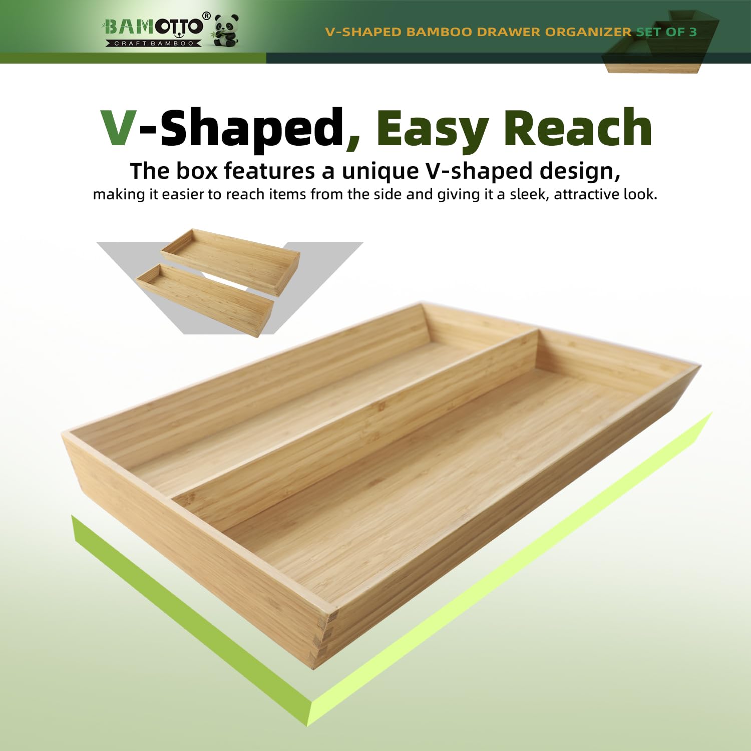 Large Long V Shaped Bamboo Drawer Organizer Set of 3 (78.4 Ounce)