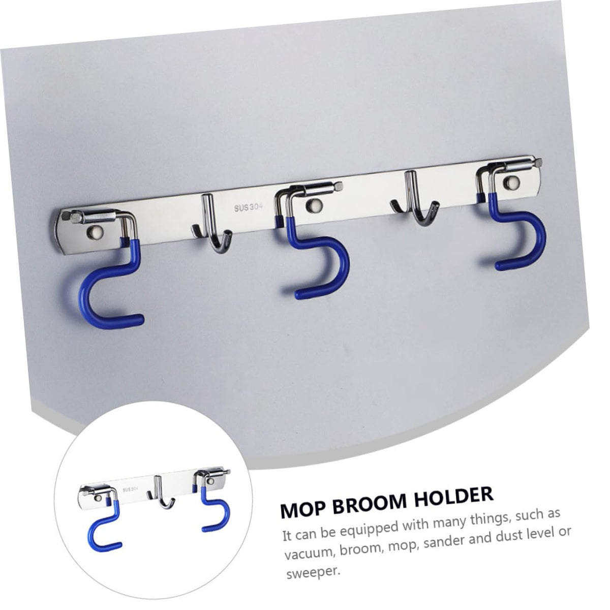 304 Stainless Steel Wall Mounted Mop Holder Heavy Duty Broom Gripper for Kitchen and Garden Adjustable Mop Hanger Easy Installation Space