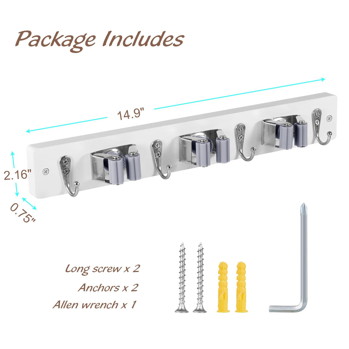 2 Pack White Mop Broom Holder Wall Mount with 3 Slots & 4 Hooks (2 Count)