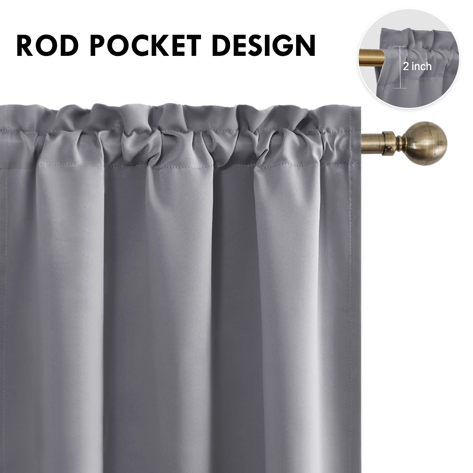 Blackout Curtains for Bedroom Living Room 38 x 72 Inch Long Grey (2 Count)