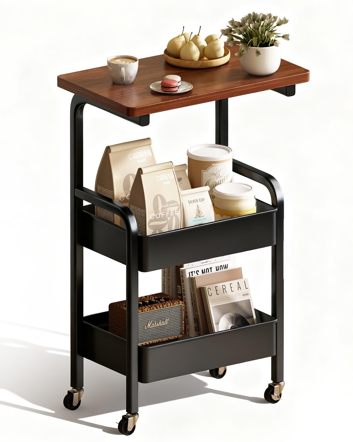 3 Tier Metal Rolling Utility Cart Organizer with Walnut Table Top