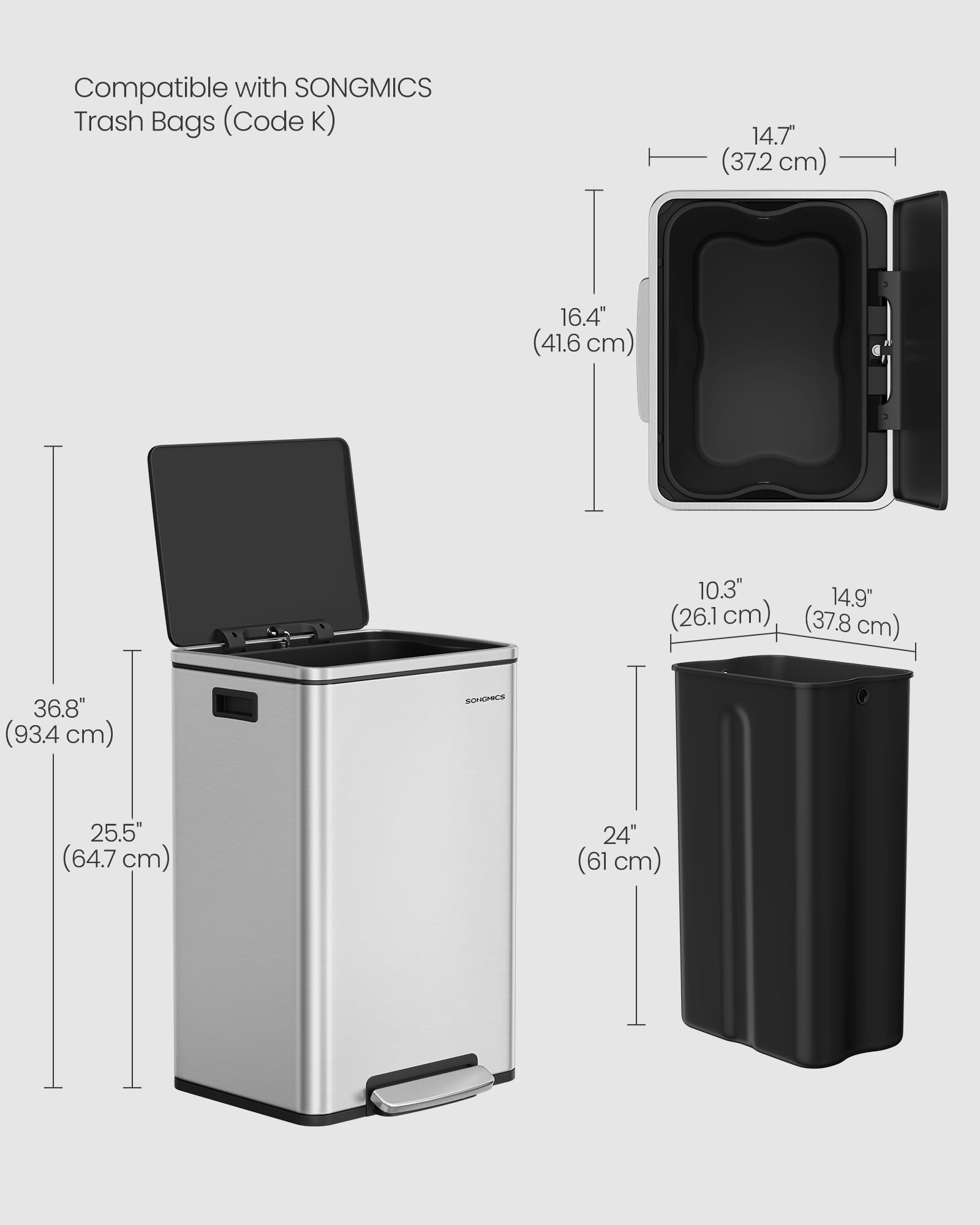 Trash Can, 13-Gallon, Stainless Steel, Soft-Close Lid