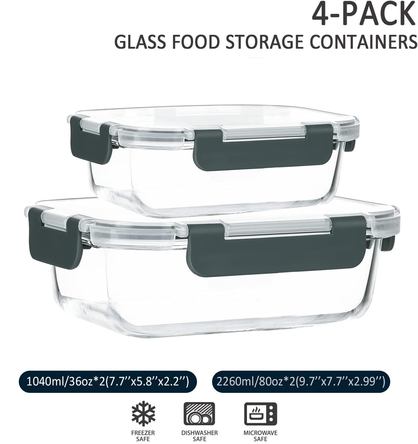 80 oz & 36 oz Extra Large Glass Food Storage Containers with Lids (4 Count)