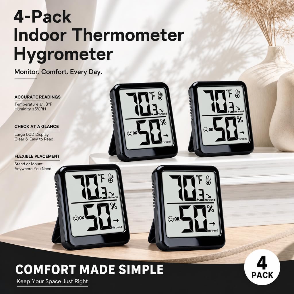 4 Pack Room Thermometer Indoor Hygrometer Humidity Gauge Meter (4 Count)