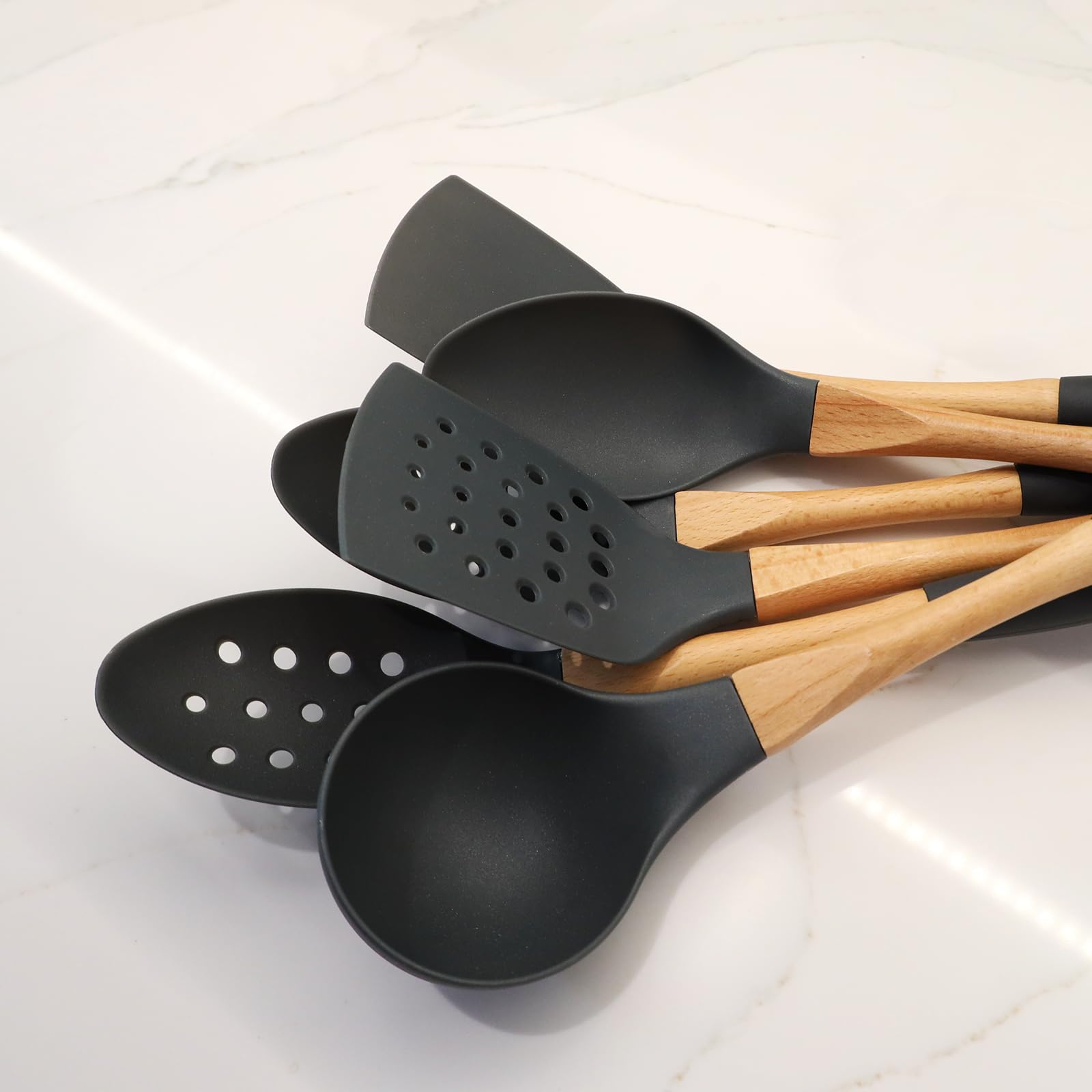 2pc Spoons Grey Nylon Kitchen Utensils Set with Soft Grip Ergonomic Wooden Handles High Heat Resistance