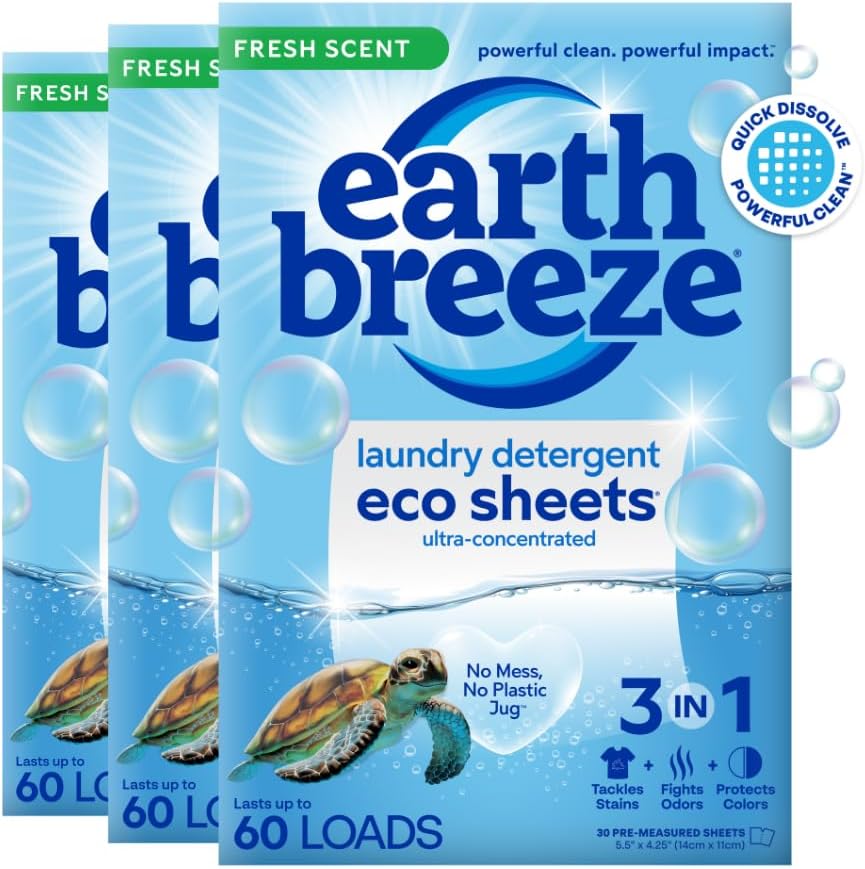 Earth Breeze Laundry Detergent Sheets Fresh Scent - 180 Loads Eco Liquidless Soap - Travel-Friendly for Hot & Cold Cycles, Tackles Tough Stains & Odors - Gentle on Skin, 90 Ct (3 Pack) - ModHome Supplies