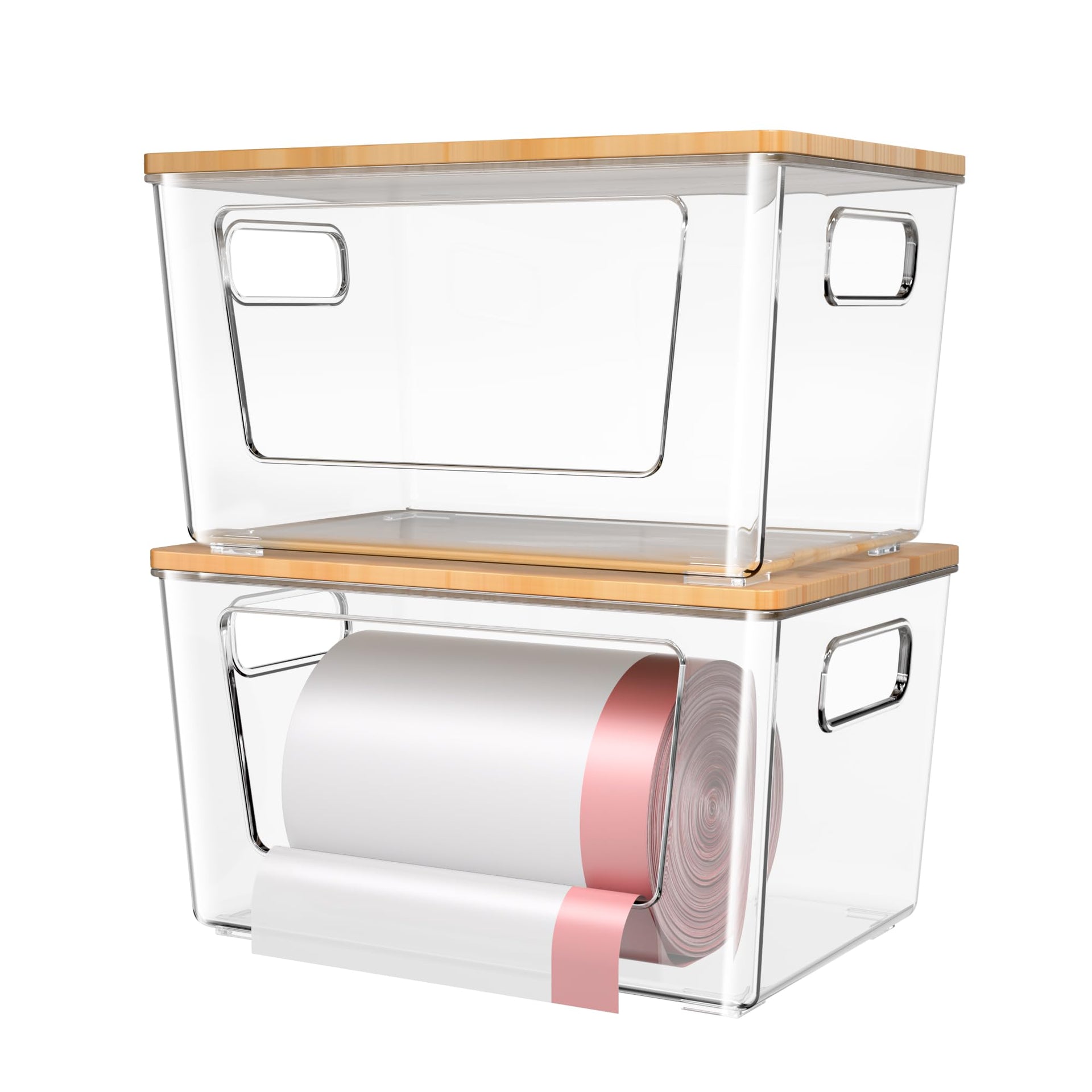 2 Pack Trash Bag Holder with Bamboo Lid Stackable Trashbag Dispenser
