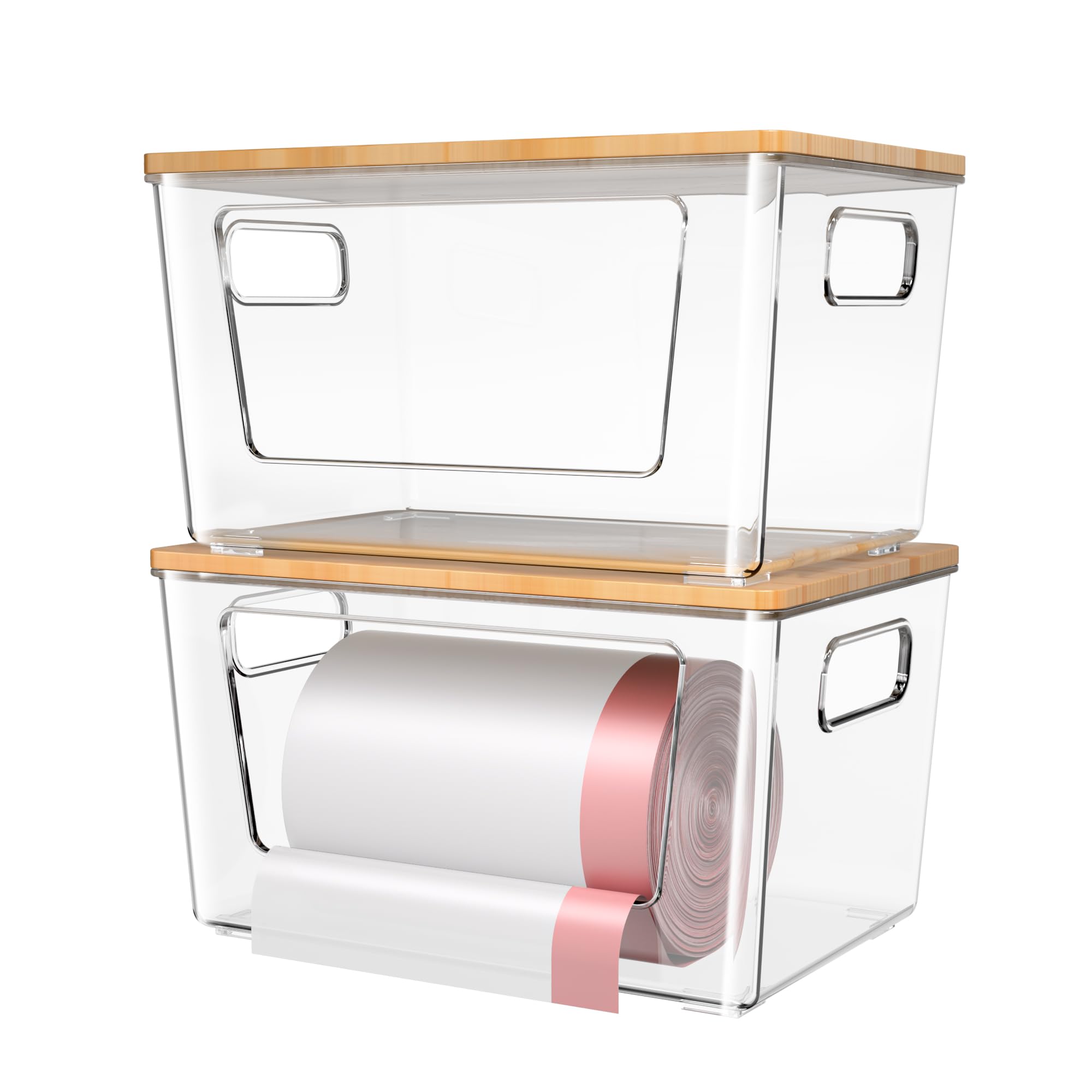 2 Pack Trash Bag Holder with Bamboo Lid Stackable Trashbag Dispenser