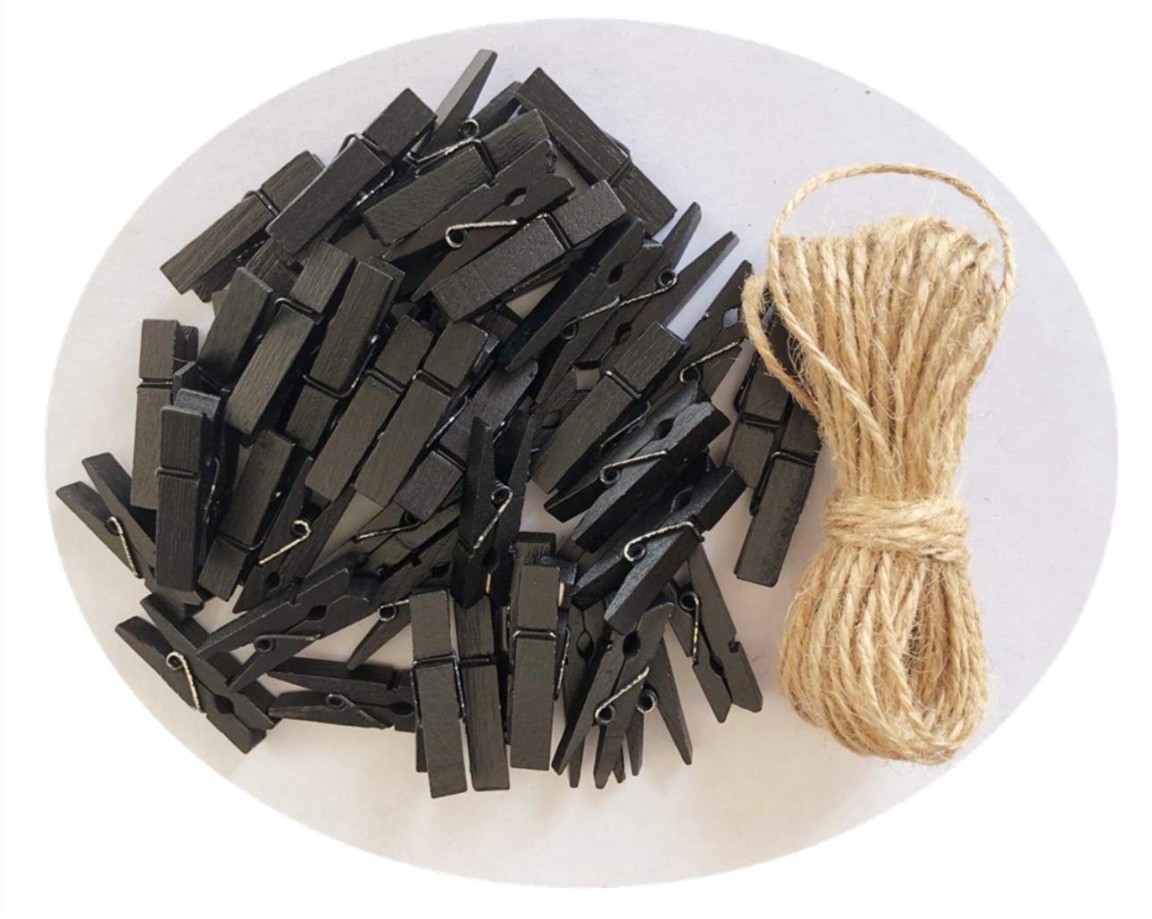 Wood Clothespins to Hang Photos School Projects 1.5 Inch Clothes Clips with Jute Twine Black Pack 50 (50 Count)