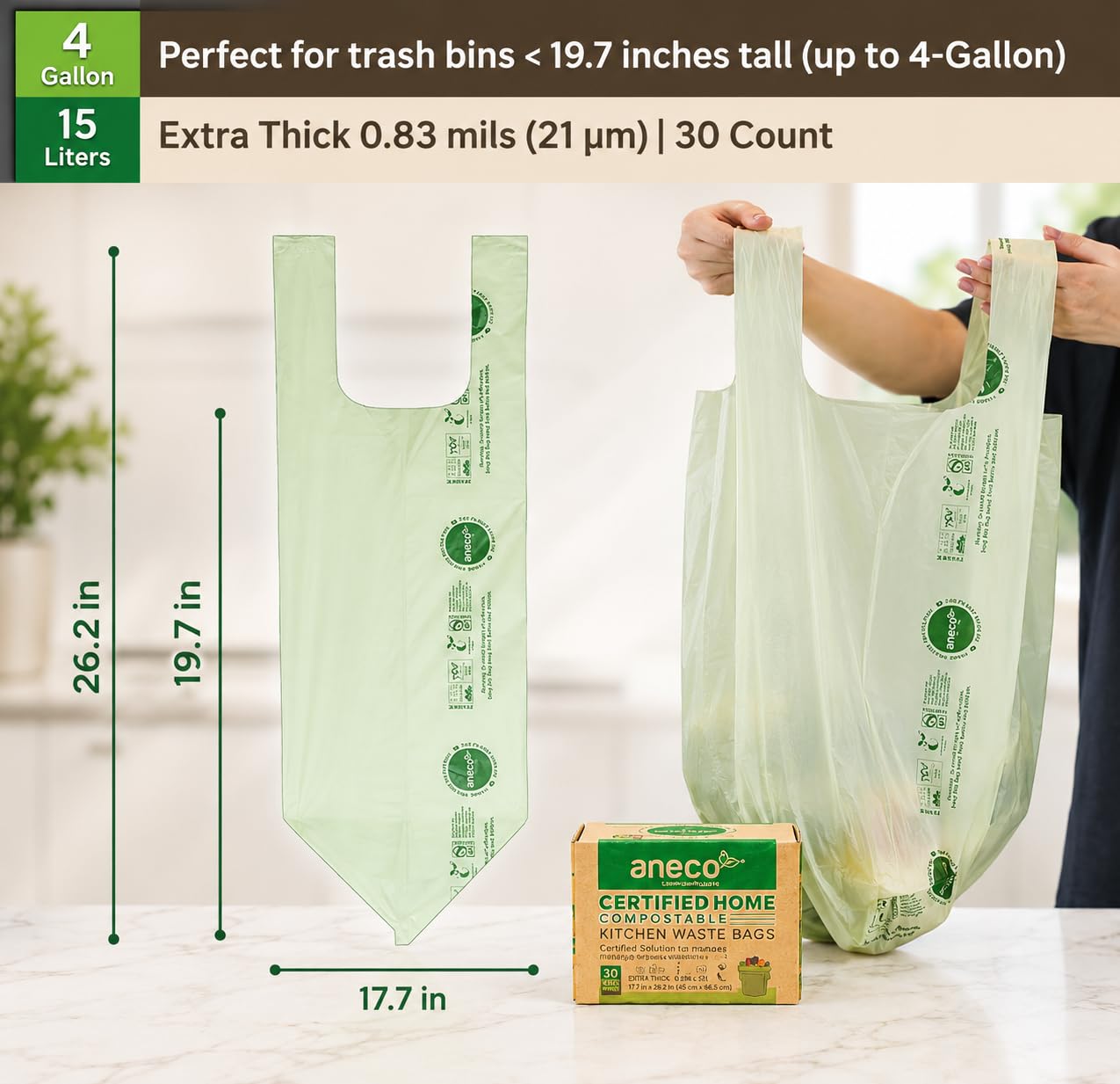 4 Gallon Compostable Food Waste Bags with Handles (30 Count)