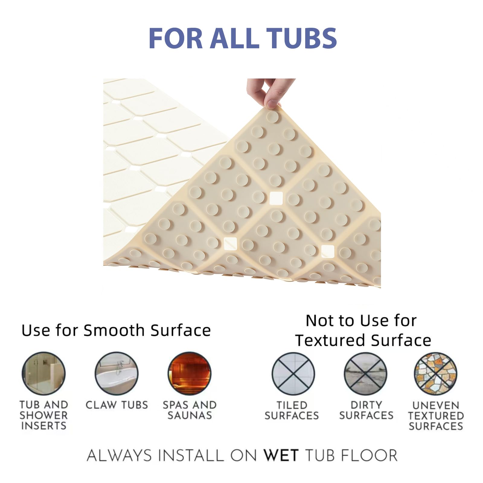 Bathtub Mat Non Slip Silicone Foldable Extra Long Tub Mat Strong Suction Cups & Large Drain Holes