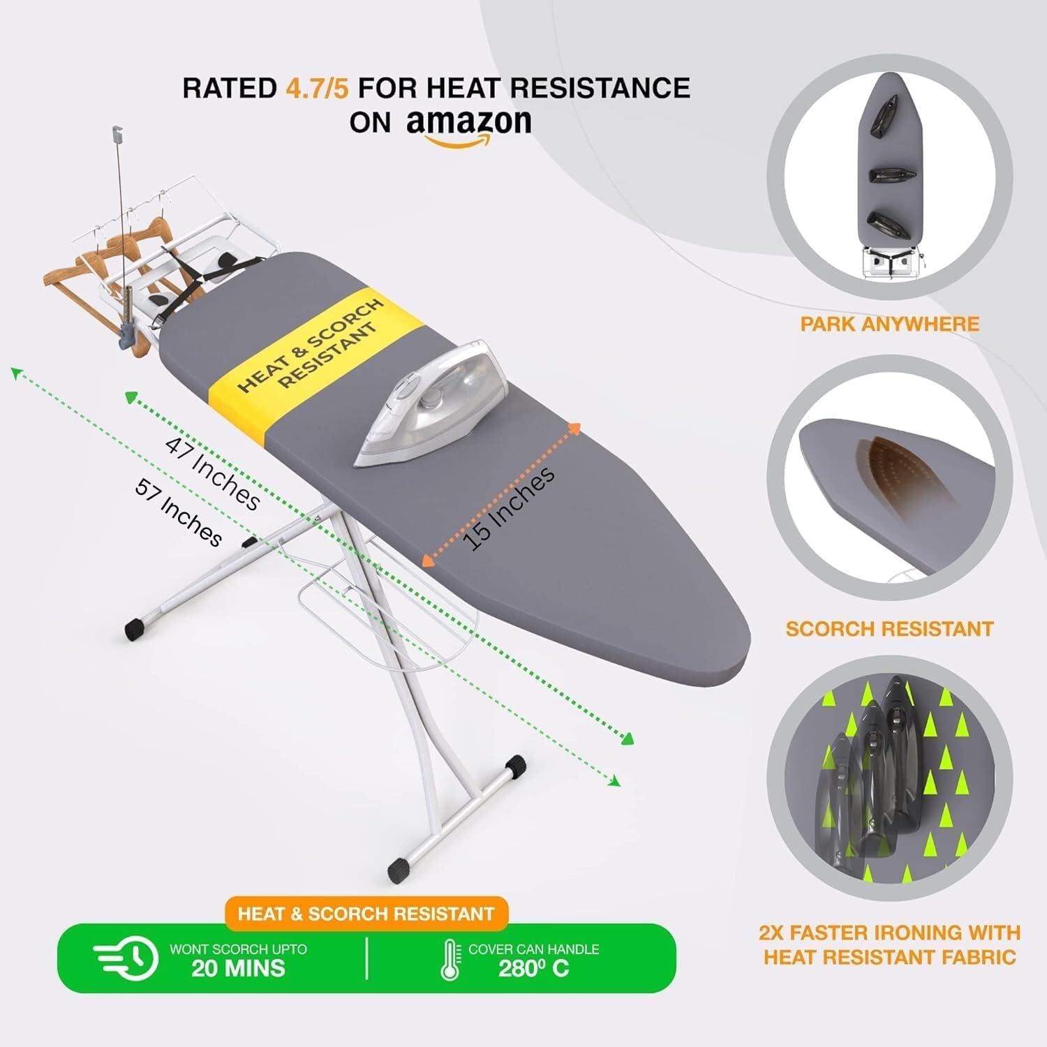 Ironing Board 57" x 15" Foldable with Wall Hanger