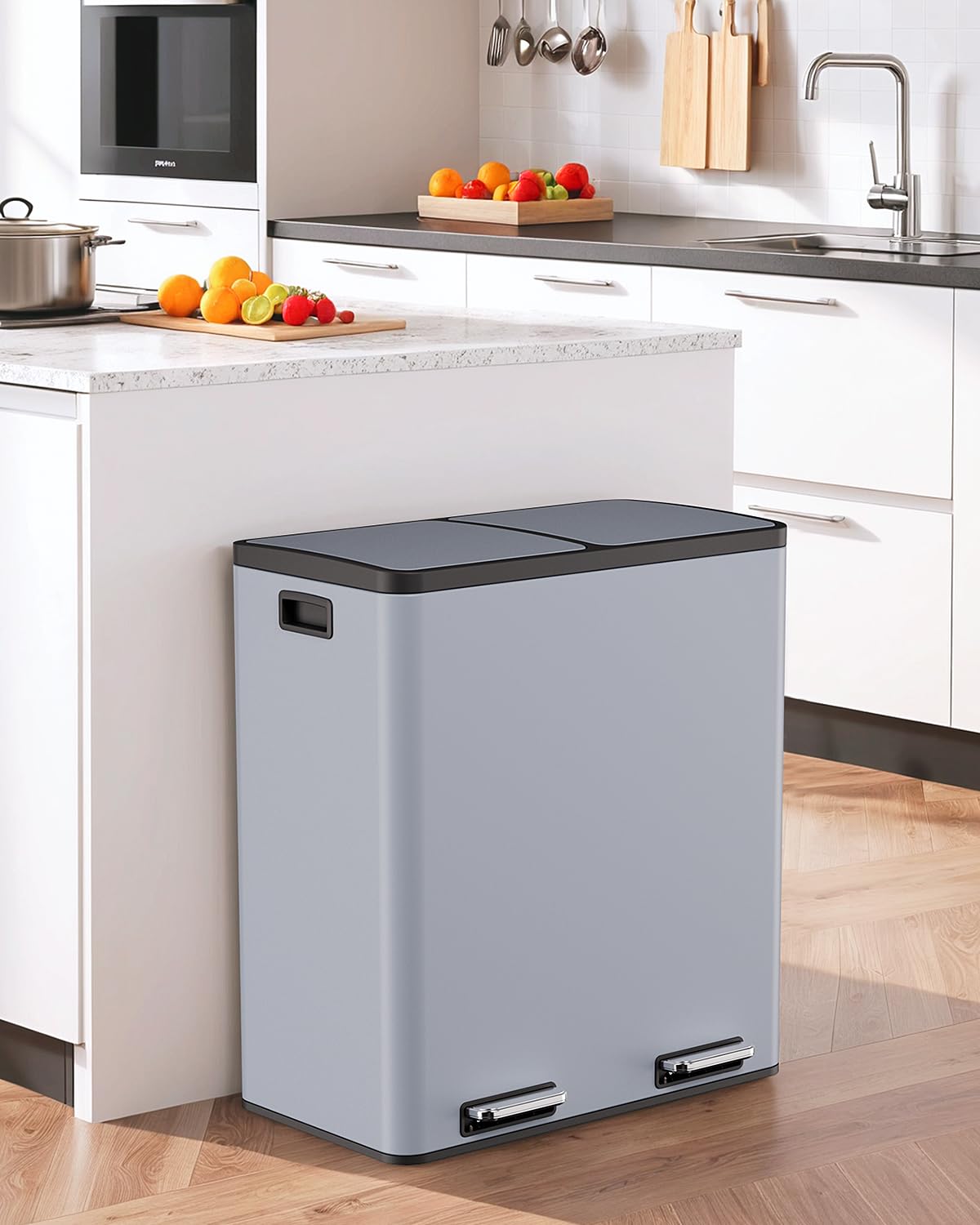 60L(16 Gal) Dual Trash Can, Stainless Steel Kitchen Garbage Can