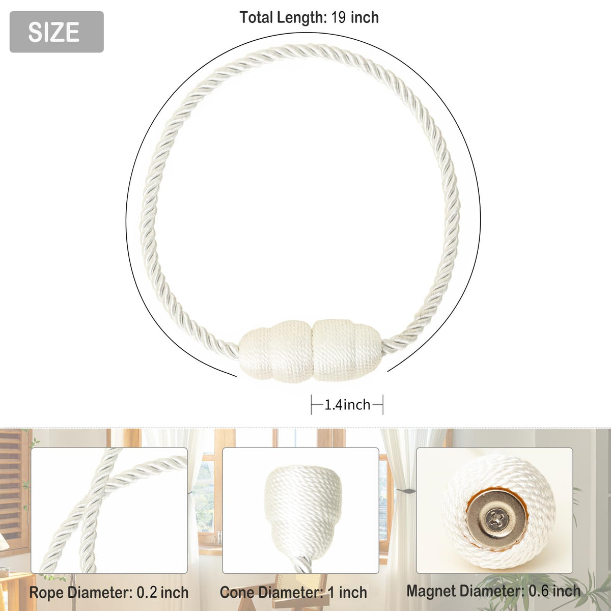 Magnetic Curtain Tiebacks Rope Curtain Tie Backs for Curtains 4 Pack Curtain Holders for Drapes Decorative Window Curtain Holdbacks (4 Count)