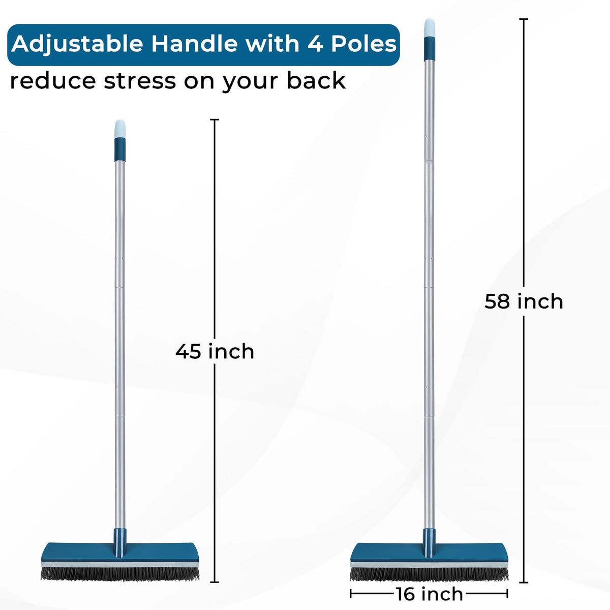 16 Inch Push Broom Outdoor with Rubber Squeegee and 58" Long Handle