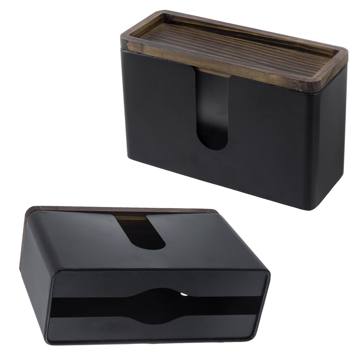 Wall Mounted Deluxe Black Metal Folded Commercial Paper Towel Holders with Burnt Solid Wood Tray Lids (2 Count)