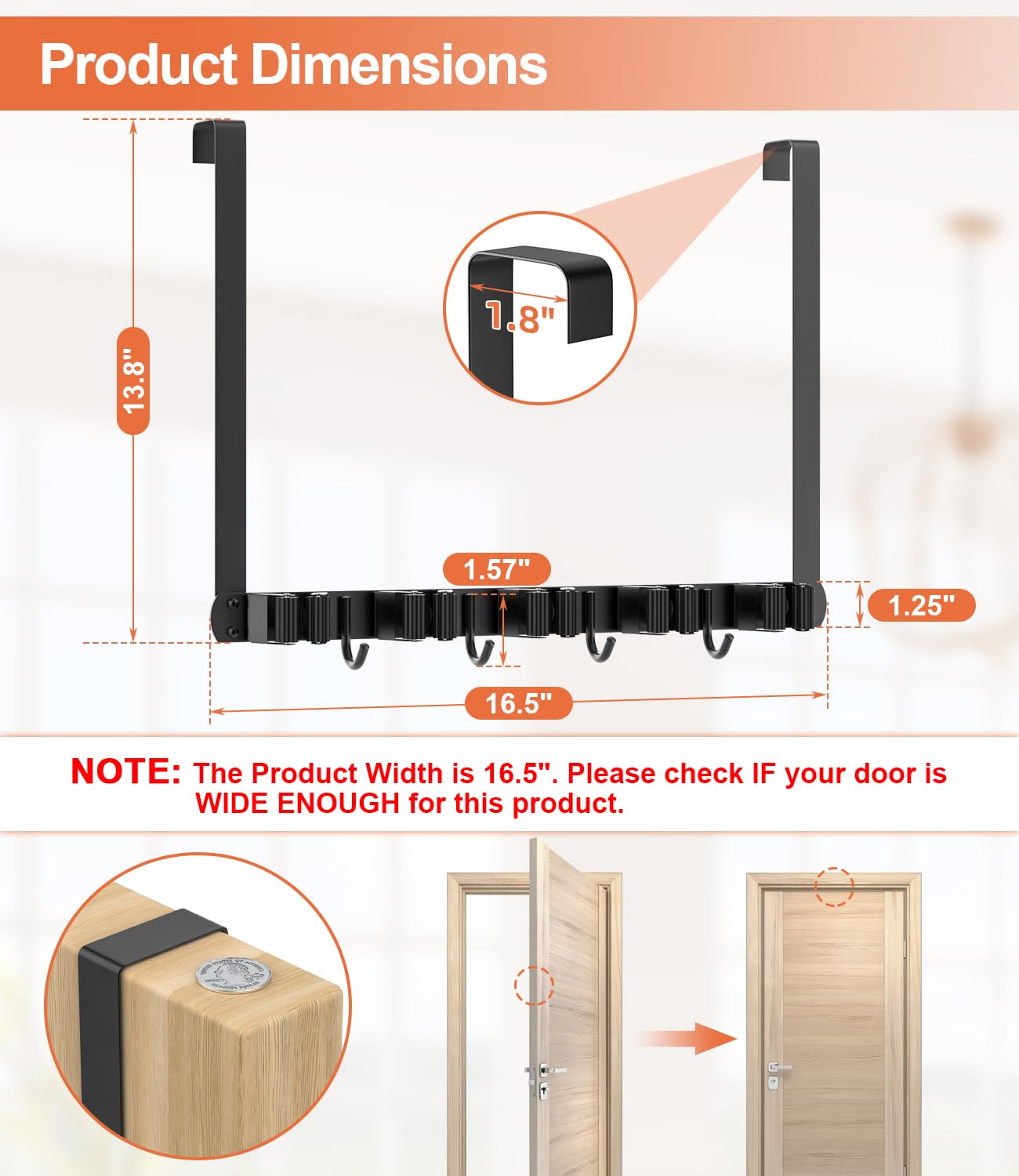 Broom Holder Over The Door with 4 Over Door Hook