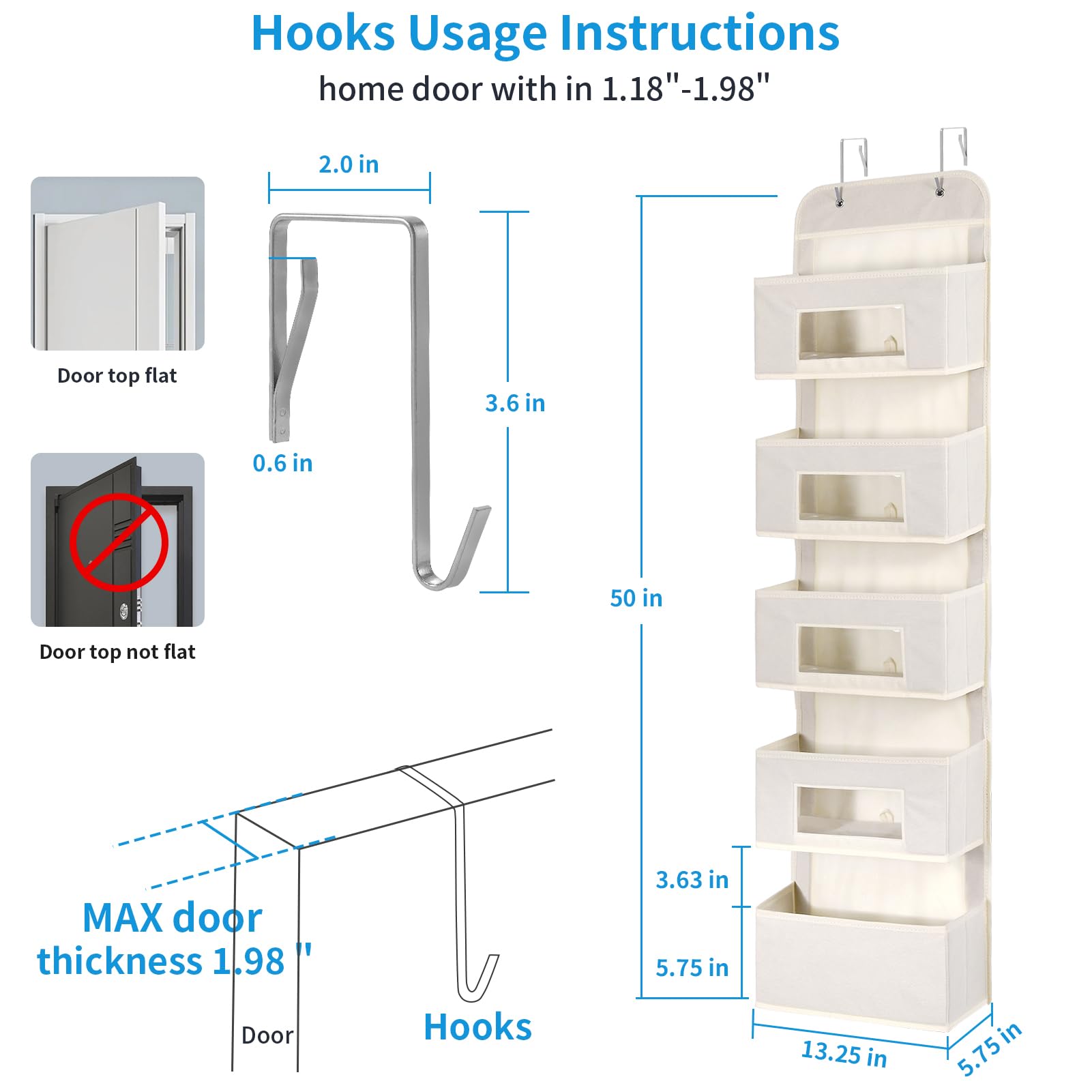 5 Shelf Over The Door Hanging Organizer with 2 Metal Hooks (2 Count)