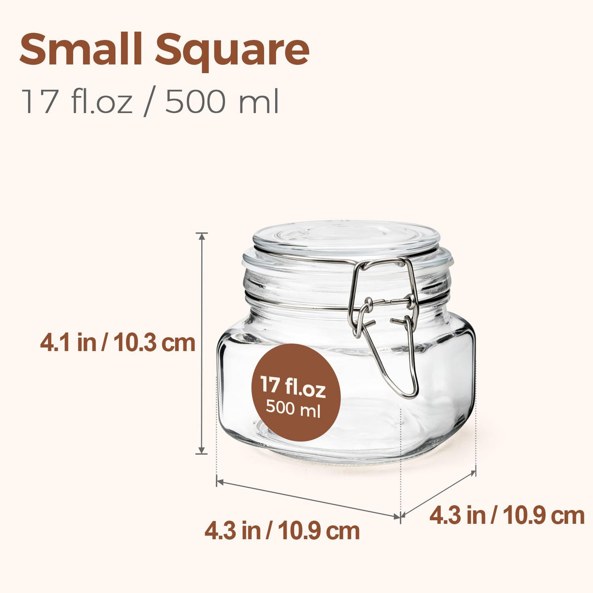 Square Small 17 oz Glass Jars with Airtight Lids 6 Pack Wide Mouth (6 Count)