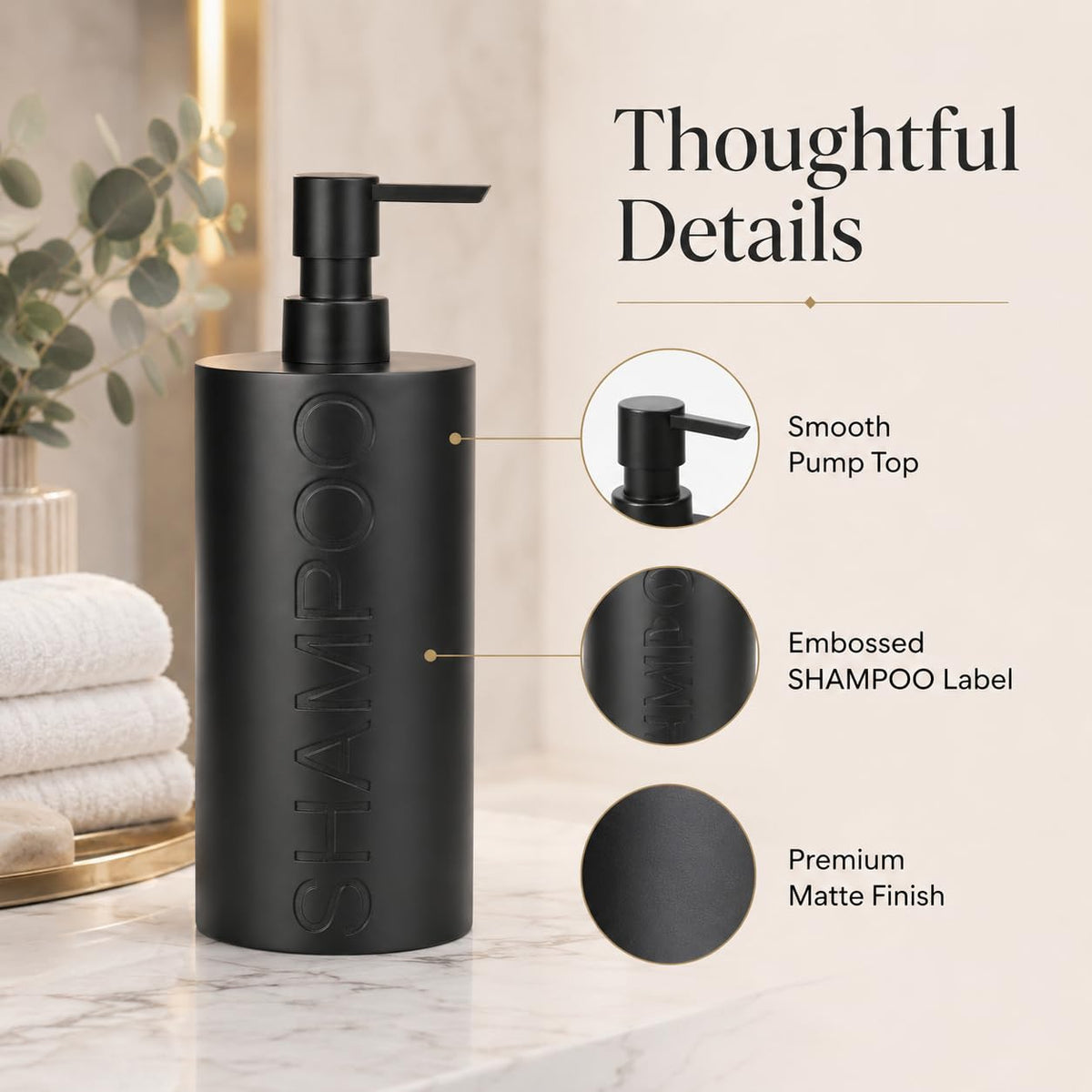Matte Black Shampoo Dispenser Modern Refillable Pump Bottle with Embossed Text