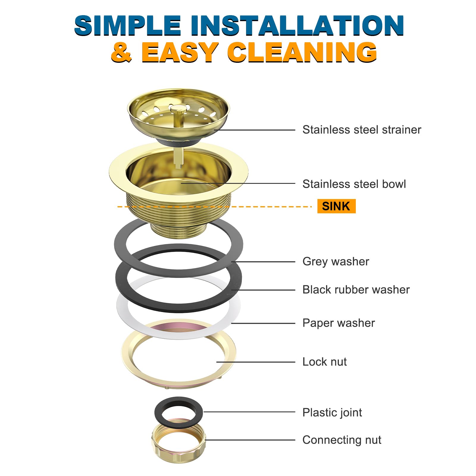 Stainless Steel Gold Sink Drain Strainer Kit 3