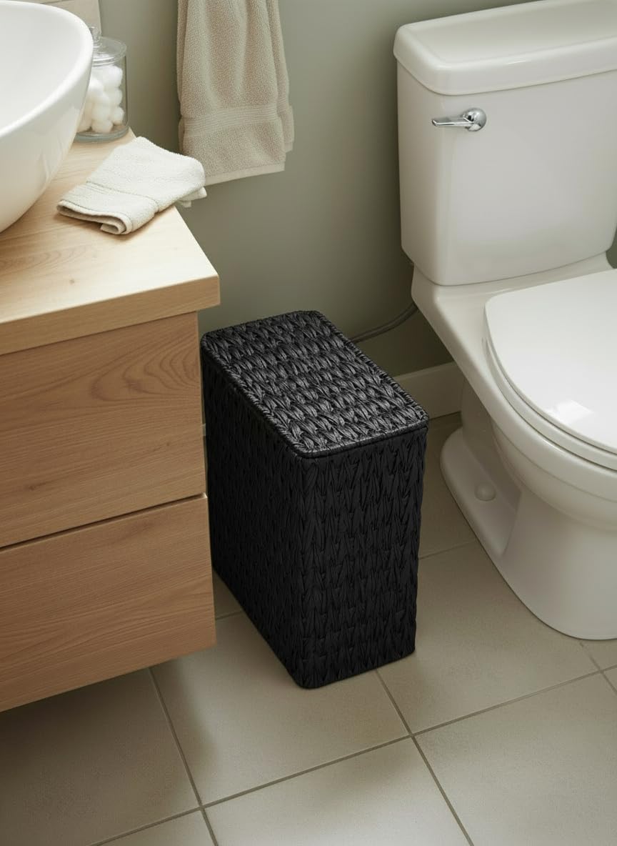 Black Wicker Trash Can with Lid and Liner
