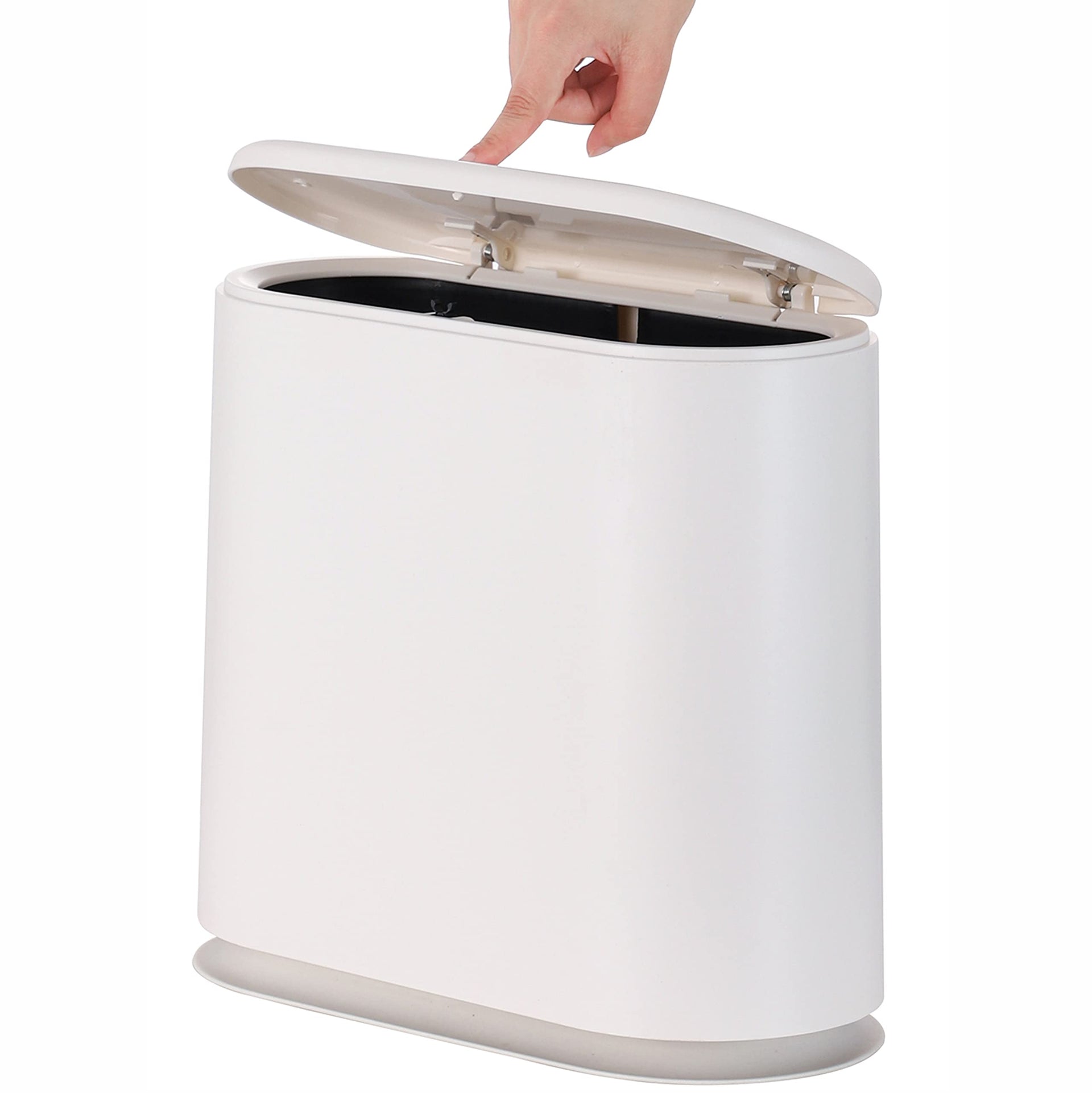 White Slim Bathroom Trash Can with Press Top Lid