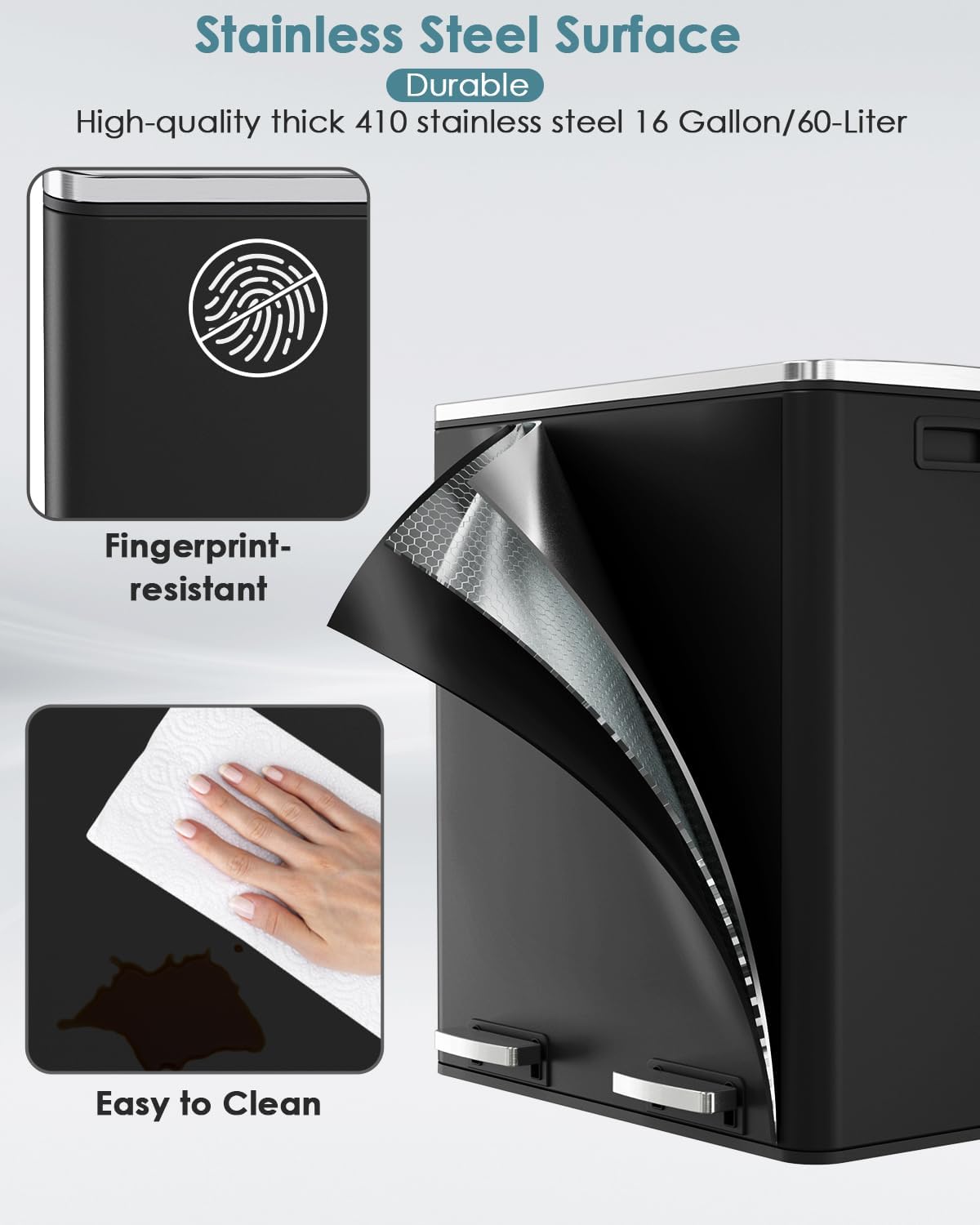 60L(16 Gal) Dual Trash Can, Stainless Steel Kitchen Garbage Can