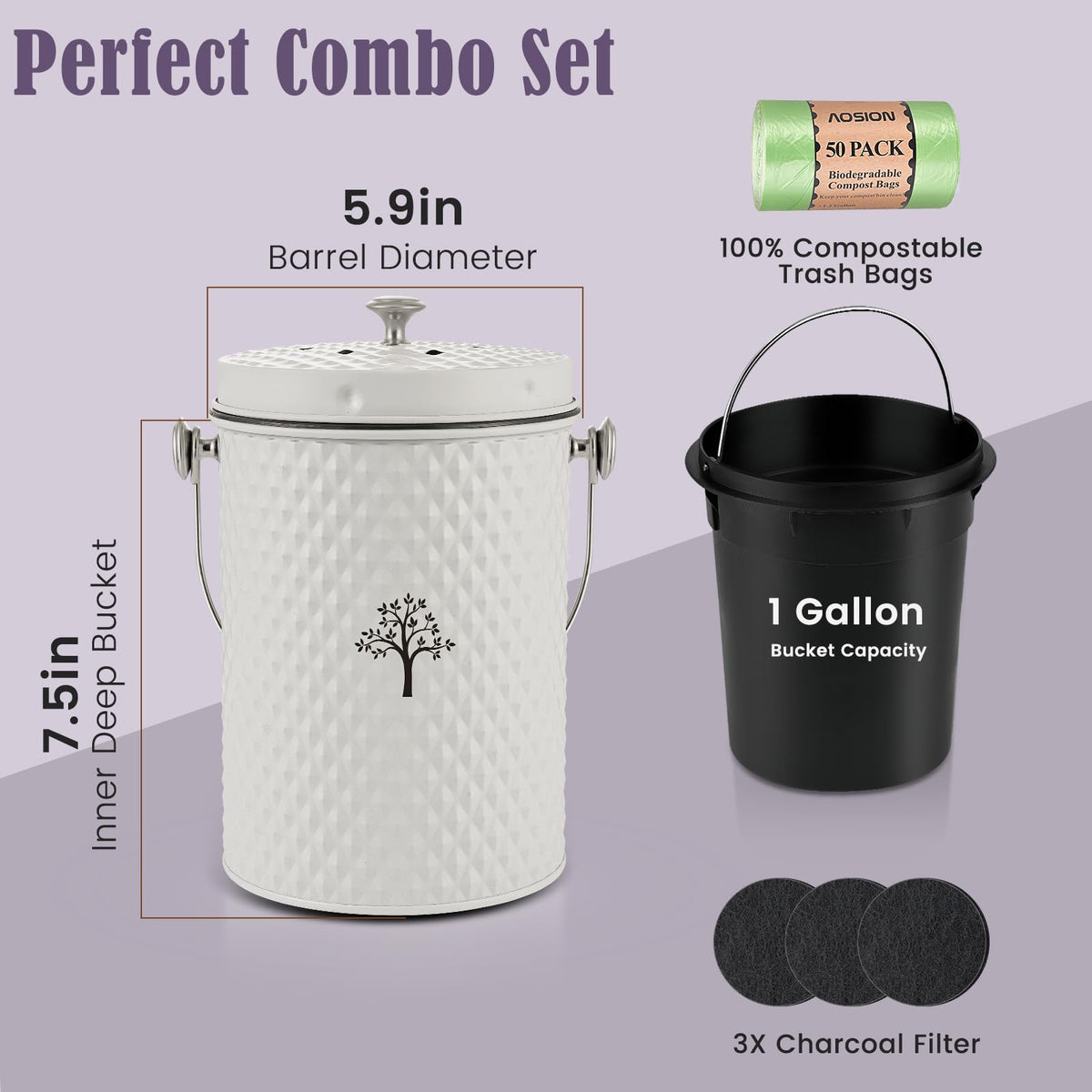 Countertop Kitchen Odorless Compost Bin with Removable Inner Bucket