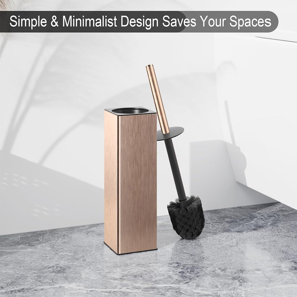 Standing Toilet Brush and Holder Rose Gold Aluminium Toilet Bowl Cleaner Brush and Holder for Bathroom Storage and Organization