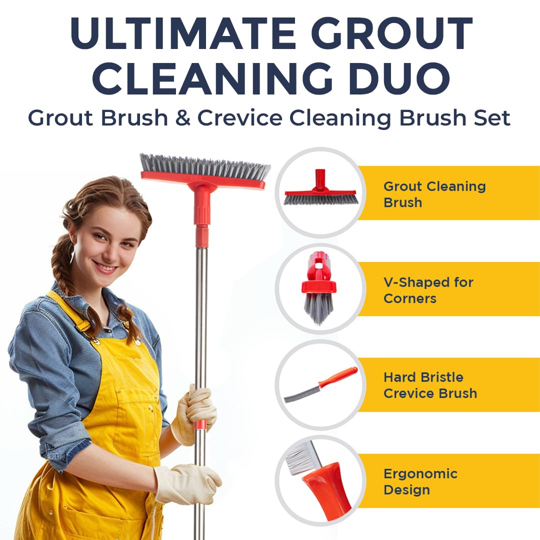 Foxtrot Living Grout Brush with Long Handle and Crevice Cleaning Brush Set