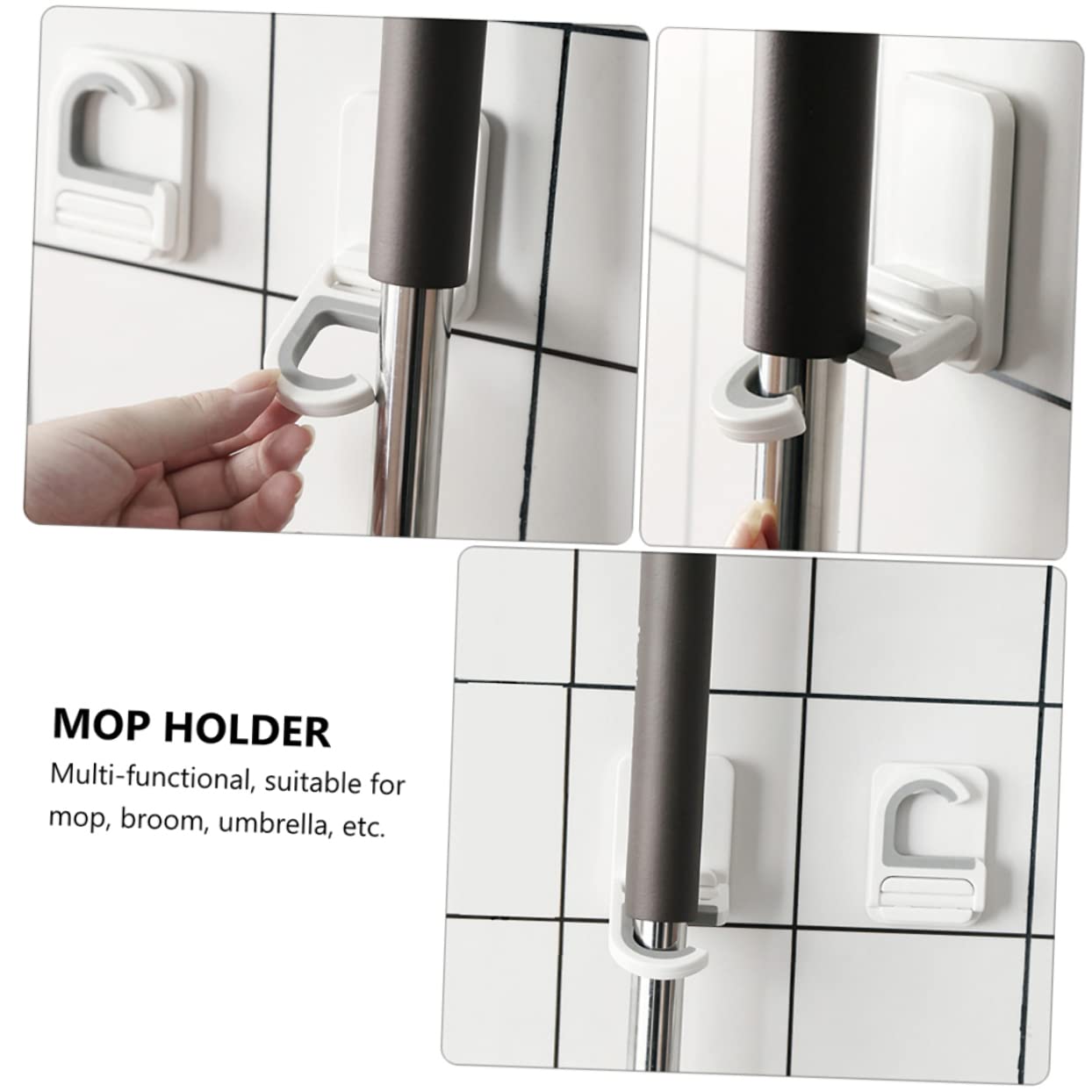 3pcs Punch Mop Holder Wall Mounted Broom Hooks Material Heavy Duty Adhesive Mop Clips for Neat Household Storage
