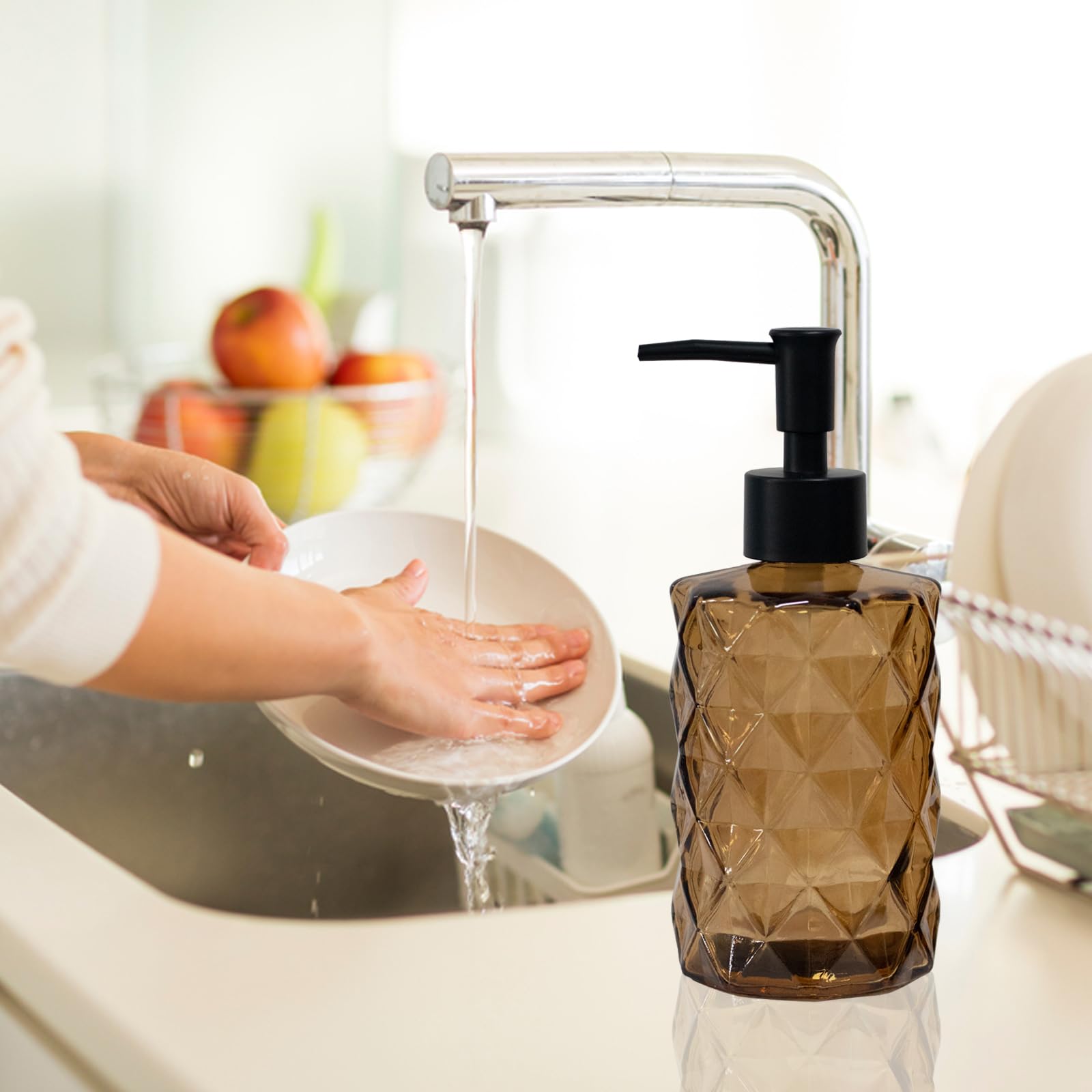 Brown Bathroom Soap Dispenser with Black Plastic Pump
