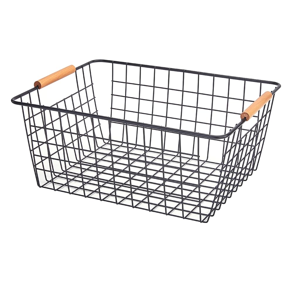 Large black wire basket for Organizing with Wooden Handles