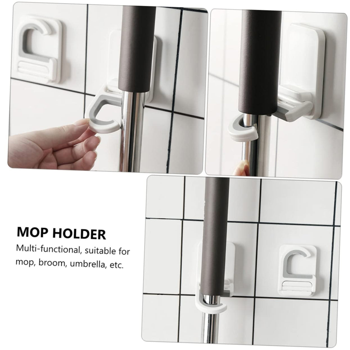 3pcs Punch Wall Mounted Mop Holder Heavy Duty Adhesive Broom Organizer Hooks Multi Functional Hanging Clips for Mop Broom Umbrella Storage Easy No Drill Installation