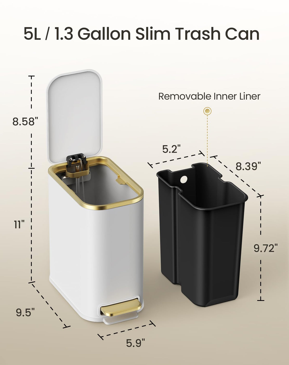 Small Bathroom Trash Can with Gold Grimmed Lid & Pedal