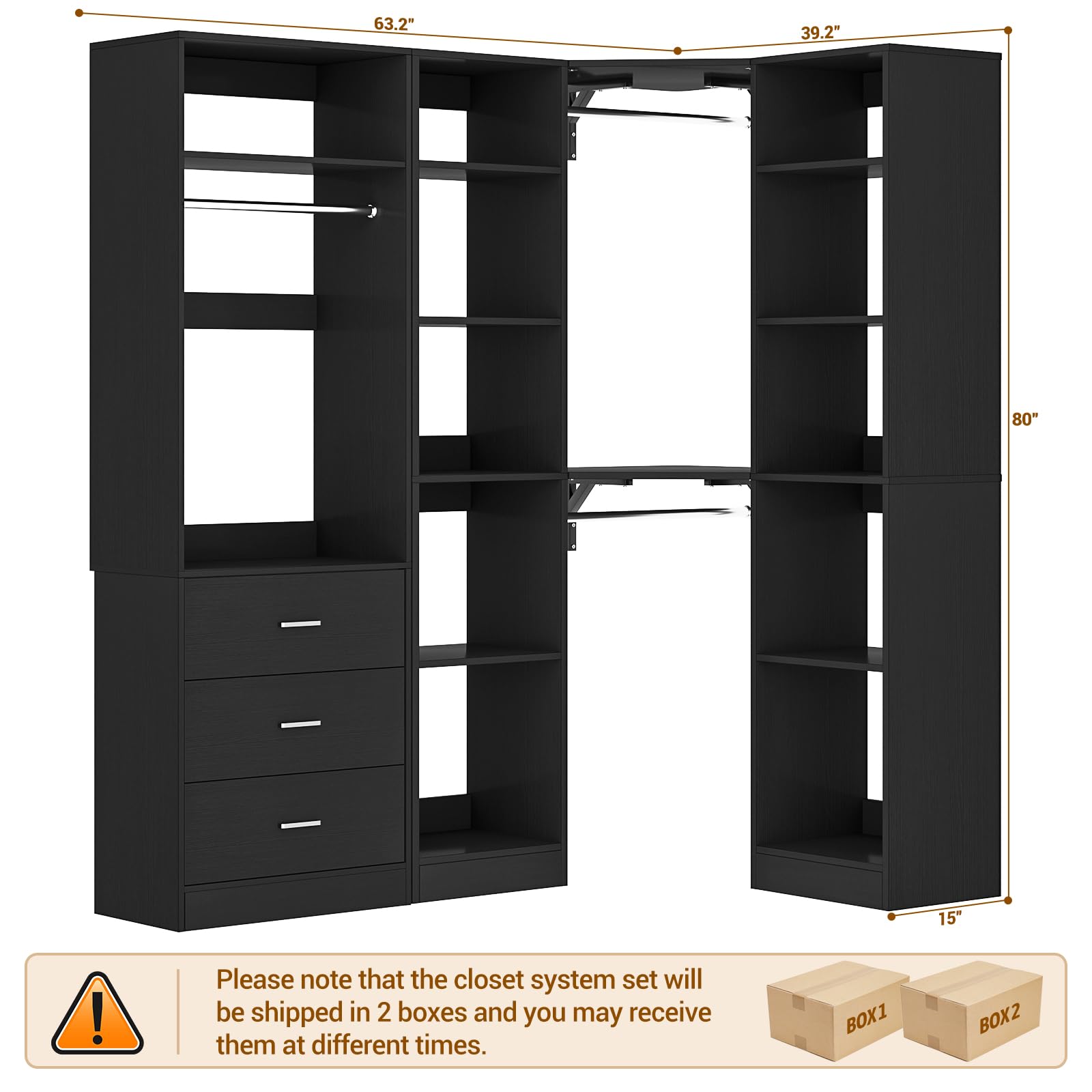 Corner Closet System with 3 Drawers