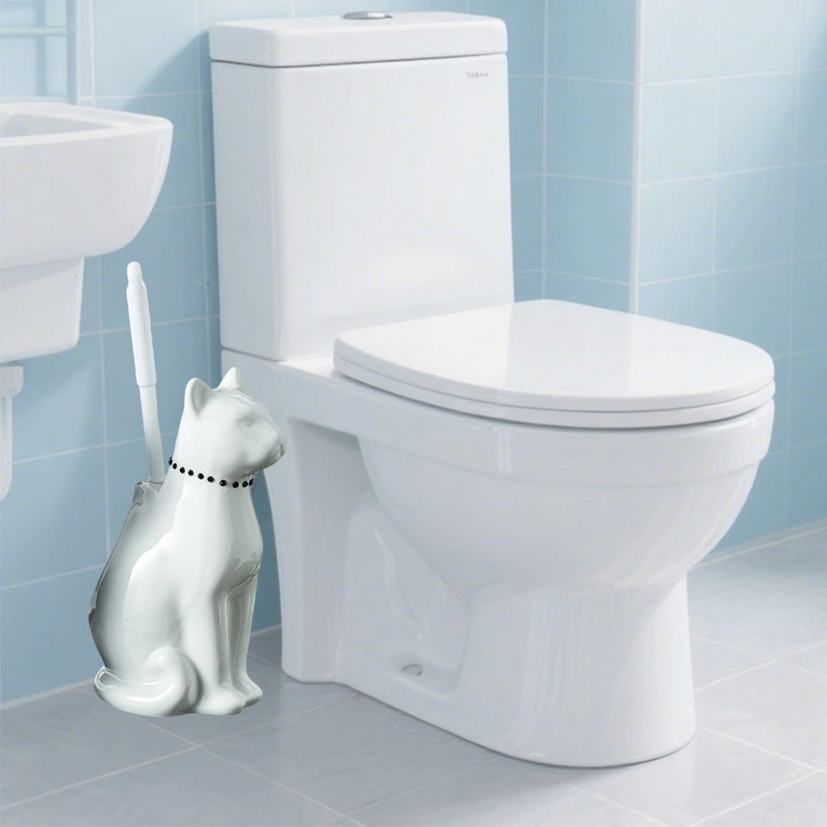 Ceramic Cat White Toilet Brush and Holder Set with Plastic Handle (2 Count)