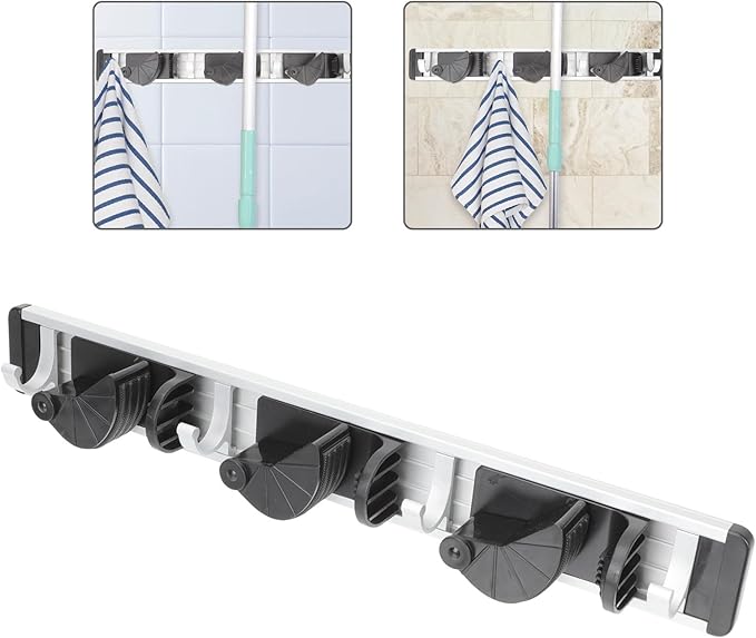 Gadpiparty Space Aluminum Mop Hanger Wall Mounted Nail-free Mop Rack with 4 Hooks Black, Broom Holder and Cleaning Supplies Organizer for Home and Garage Storage