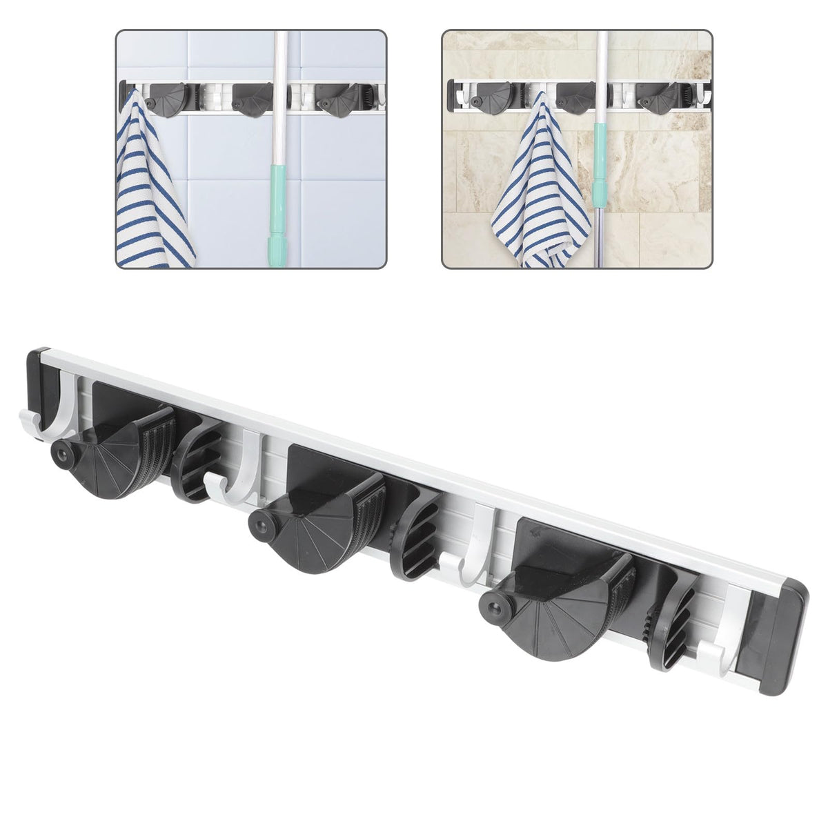 Punch free Wall Mounted Mop and Broom Holder Space Aluminum Rack with 4 Hooks Black Organizer for Cleaning Supplies Storage in Laundry Garage