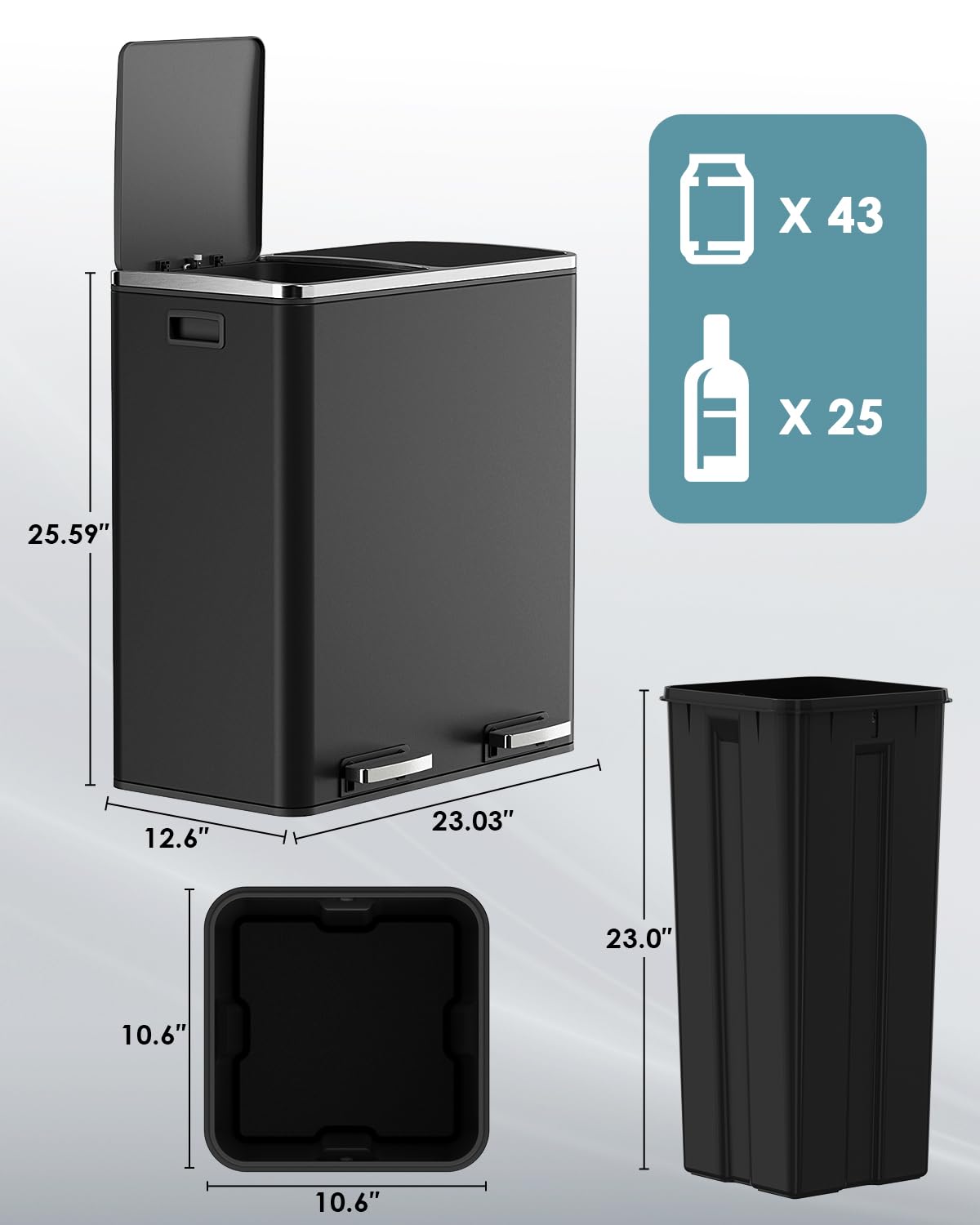 60L(16 Gal) Dual Trash Can, Stainless Steel Kitchen Garbage Can