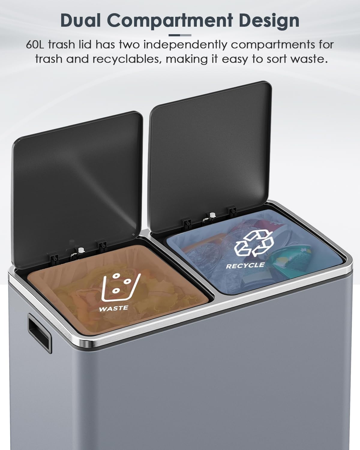 60L(16 Gal ) Dual Trash Can, Stainless Steel Kitchen Garbage Can, Double Compartment Classified Rubbish Bin, Recycle Dustbin w/Plastic Inner Buckets, Handle, Soft-Close Lid, Airtight, Grey