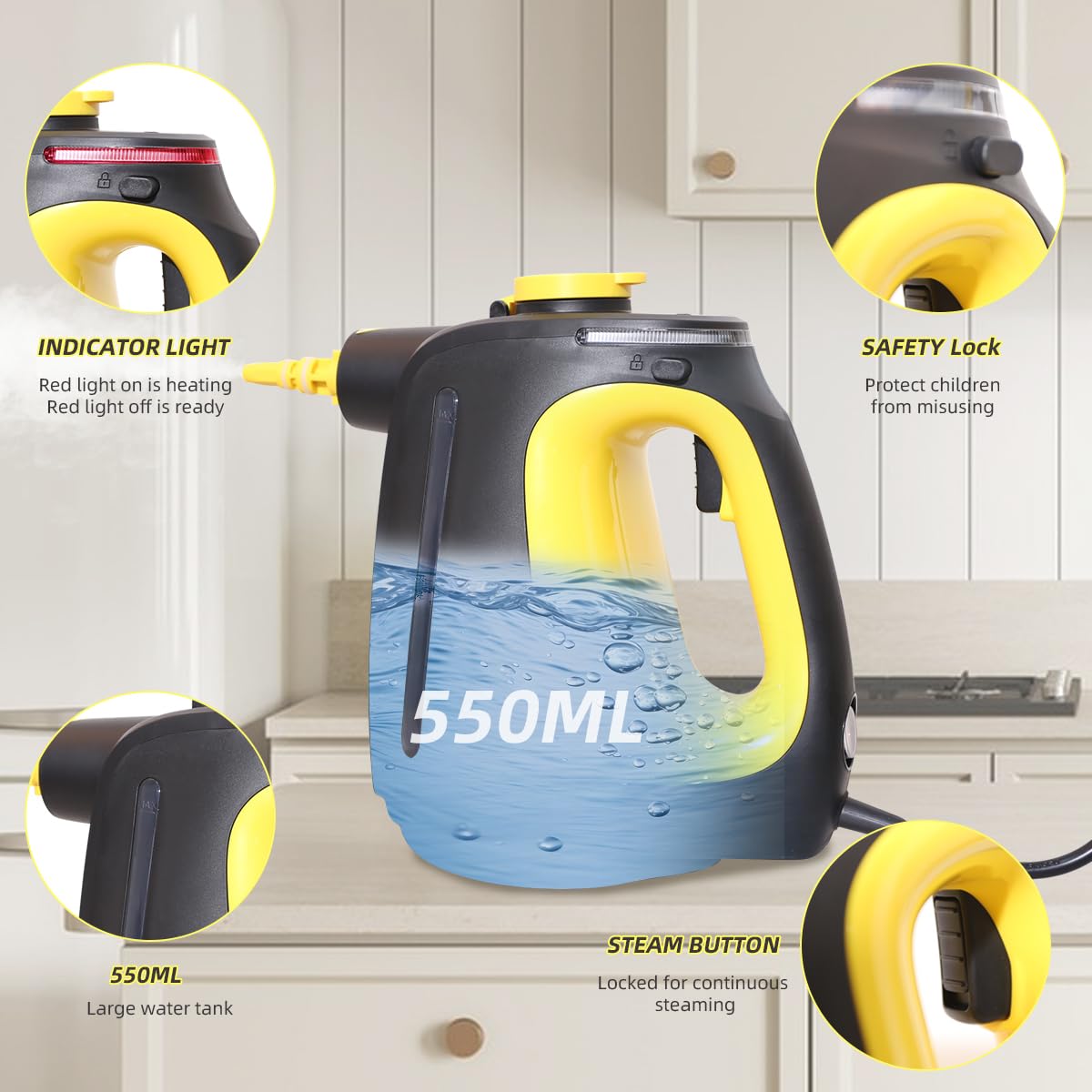 Handheld Steam Cleaner with 9 pcs Accessories 530ml for Cleaning Home
