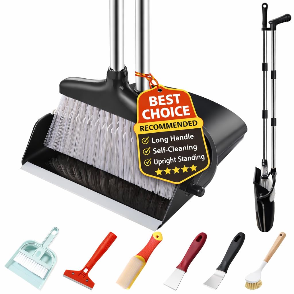 Broom and Dustpan Set with Long Handle and 6 Bonus Cleaning Tools