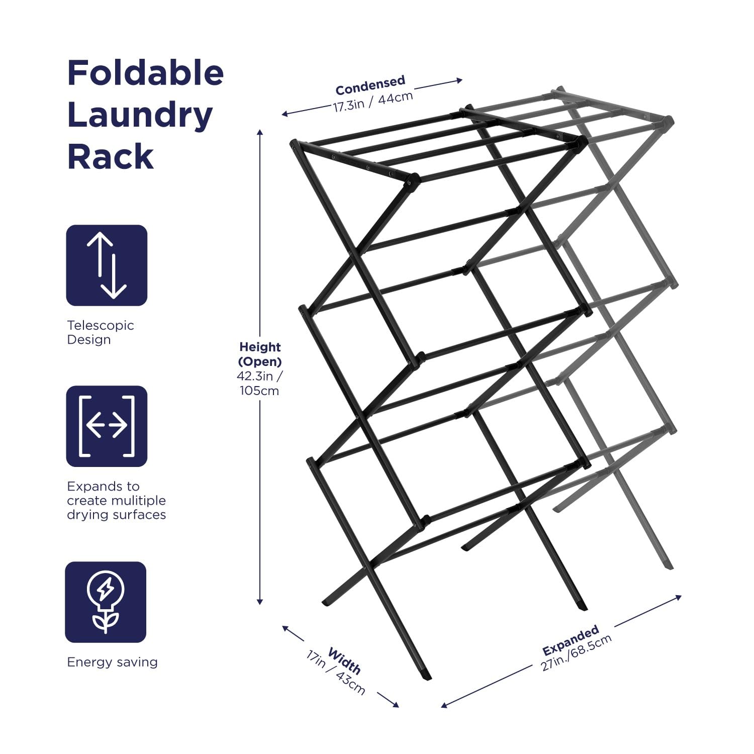 3 Tier Expandable Collapsing Foldable Laundry Rack for Air Drying Clothing