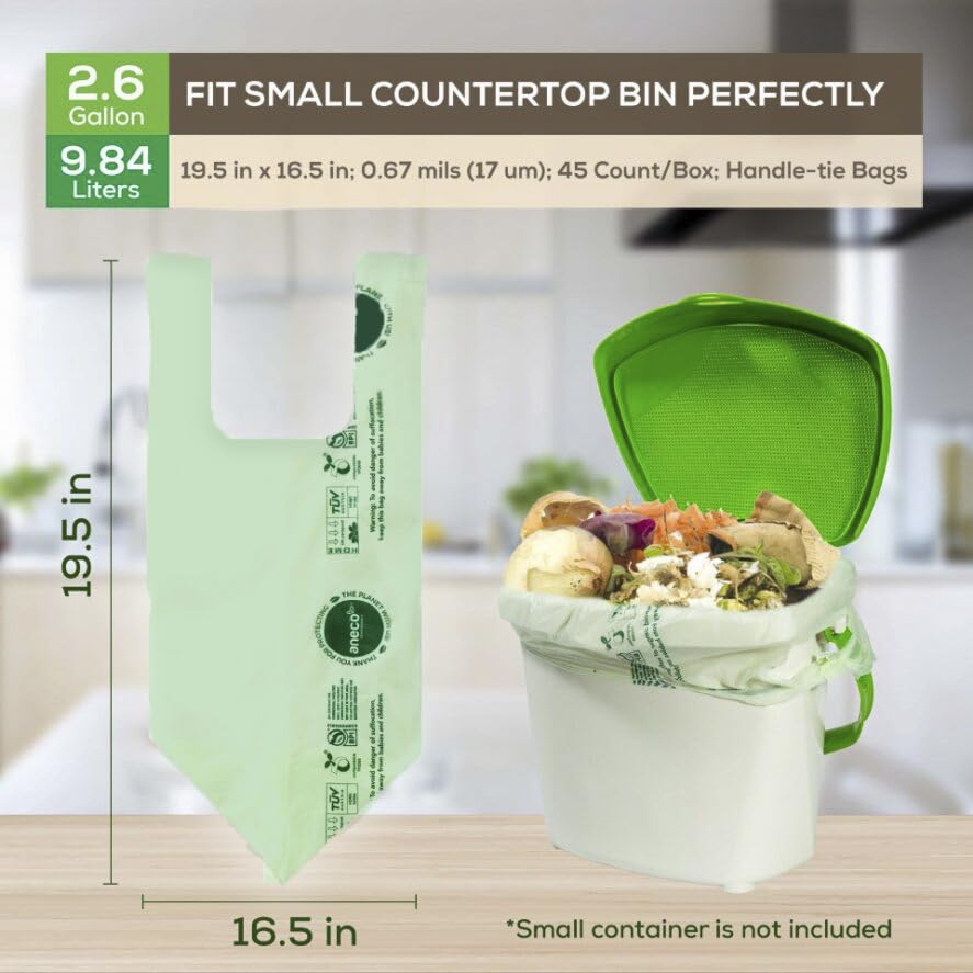 100% Compostable Food Waste Bags 2.6 Gallon With Handles (45 Count)