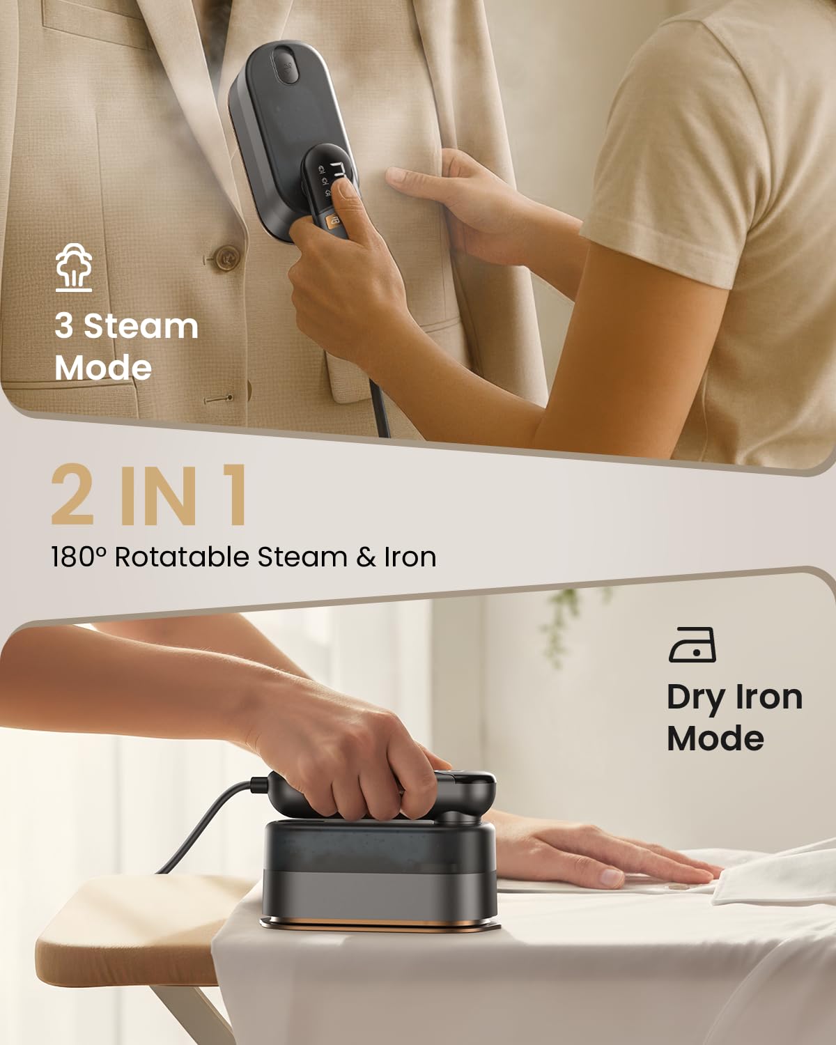 2-in-1 Handheld Steamer Iron for Clothes, 1000W, 9s Fast Heat-Up, 120V